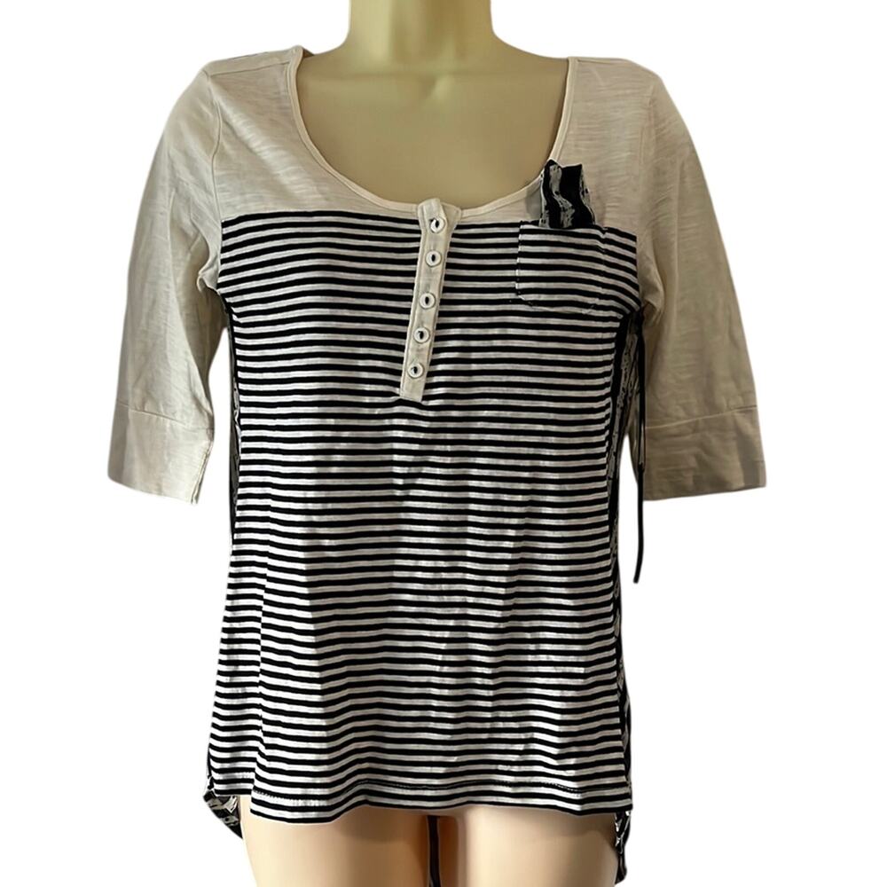Dex XS Navy Blue & Ivory Striped Blouse NWT Knit Chiffon